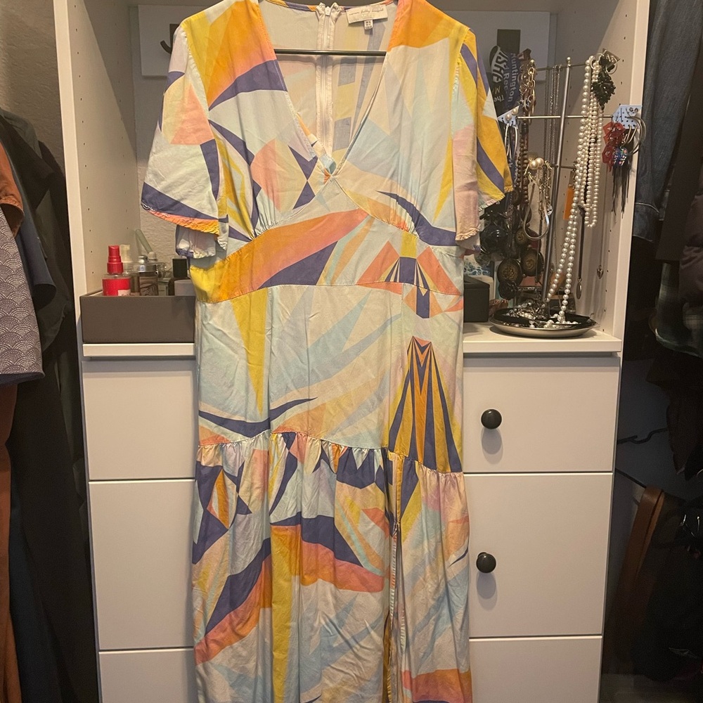 Never Fully Dressed Yellow and Blue Flutter Sleeve Maxi Sundress